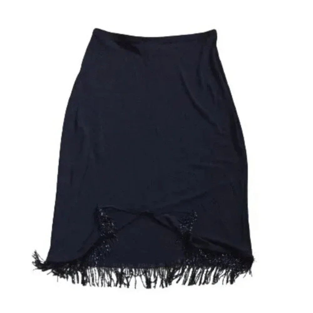 CL Carole Little black Women  skirt with bugle bead fringes Sz  Medium E…